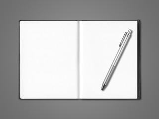 Blank open notebook and pen isolated on dark grey