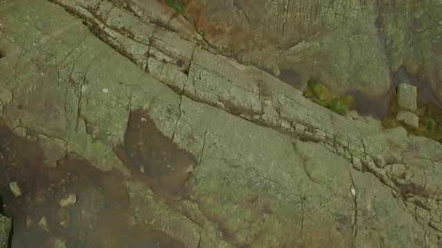 Aerial view from drone on breathtaking lysefjord during the rain. Cloudy sky. 4k footage, drone view. Preikestolen, Norway.