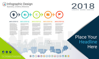 Business infographics template, Milestone timeline or Road map with Process flowchart 5 options, Strategic plan to define company values, Scheduling in project management to make facts and statistics.