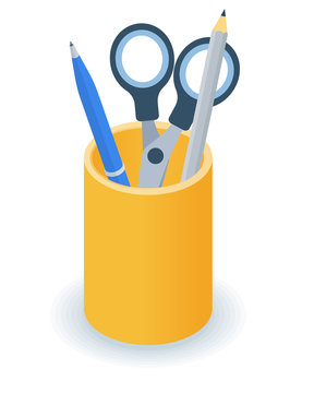 Flat isometric illustration of supplies desktop organizer. Office and school vector concept: pens and pencils yellow holder cup. Business and education workplace element isolated on white background.