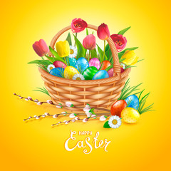 Easter composition with realistic glossy eggs in basket, willow twigs, flowers daisy and tulips. Inscription Happy Easter. Yellow background. Template for cards, banners, posters, calendars