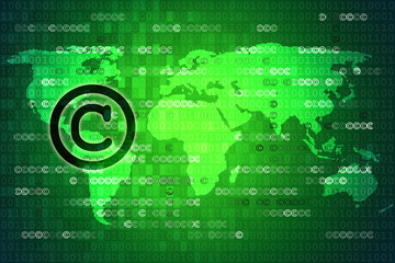 Pixelated copyright icon on green digital background with copyspace. Law concept