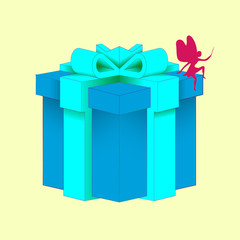 Vector gift with a beautiful decorative gift box, blue side and a long ribbon isolated on white. Happy holiday