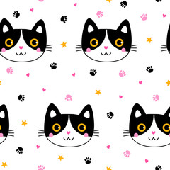 Seamless pattern with cute black cats on white festive background. Vector handdrawn illustration for birthday, textile, web page, packaging, poster, banner and other design.