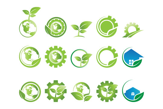 Collection of gear and leaf go green agriculture logo and icon template vector