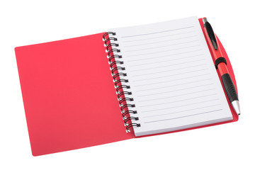 Open blank lined notebook with ballpoint pen