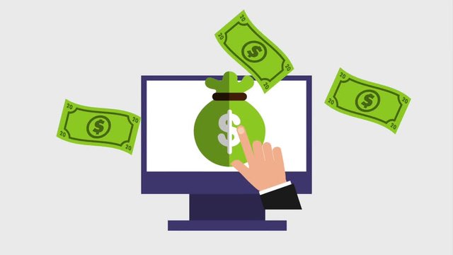 hand clicks on money bag on computer screen icons animation design