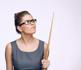 Strict teacher woman looking up.