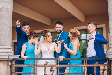 Full length portrait of newlywed couple and their friends at the wedding party.  Bridesmaids and groomsman with Bride and groom near columns 