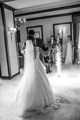 First dance the bride and groom in the smoke. brides wedding party in the elegant restaurant with a wonderful light and atmosphere