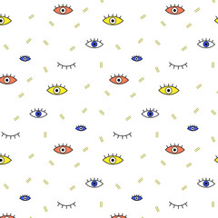 Ornament memphis hipster Vector pattern with black blue pink yellow eyes and blue line on white background