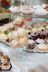 Delicious decorated candy bar, sweets on tables for wedding reception