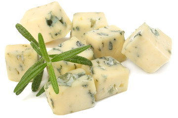 blue cheese with rosemary isolated on white background