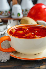 Meat soup goulash in a ceramic bowl.