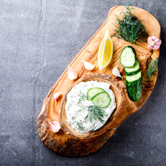 Tzatziki Traditional Greek sauce with ingredients cucumber, garlic,dill, lemon, mint. Food Background.Snack, Meze in the dishes of the Olive Tree.Copy space for Text.selective focus.