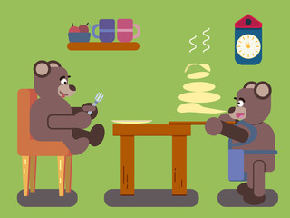 Cartoon brown bears prepares pancakes