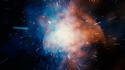Crazy fast flight in hyperspace of space among nebulae and stars with flares 3d illustration