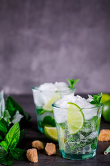Mojito Cocktail.Mint, lime, ice ingredients for making  and bar utensils.Cold Drink.Top View.Copy space for Text.selective focus.