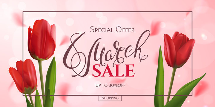 Vector romantic template of sale horizontal banner for Women’s Day with red realistic tulips and a frame. Holiday pink background with flower petals and text 8 March for discount and special offers.