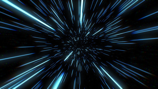 Abstract of warp or hyperspace motion in blue star trail. Exploding and expanding movement 3d illustration