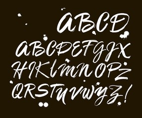 Vector Acrylic Brush Style Hand Drawn Alphabet Font. Calligraphy alphabet on a black background
