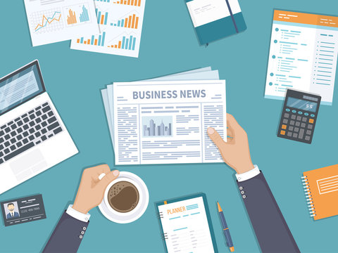 Business news. Businessman holding a newspaper and coffee cup on the desktop. Coffee break, breakfast, lunch, documents, laptop, calculator, notebook, planner. Top view. Vector.
