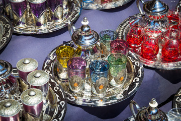 Traditional arabic tea sets in Marrakesh Morocco