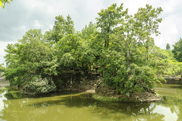 sight of the pond of the gardens of the complex of the mausoleum of the emperor Tu Duc in Hue, Vietnam.