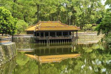 Fototapeta na wymiar sight of the pond of the gardens of the complex of the mausoleum of the emperor Tu Duc in Hue, Vietnam.