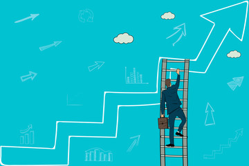 A businessman is climbing up the stairs to get to the top of the chart