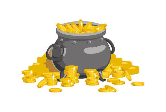 the pot is filled with gold coins. vector illustration
