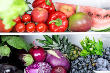 Naklejka na ściany i meble Colorful vibrant fresh vegetables in refrigerator