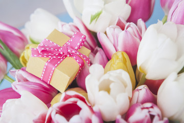 Fototapeta na wymiar Gift with Fresh Spring Tulip Flowers