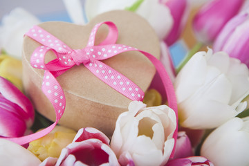 Pink Ribbon Gift and fresh Tulips 