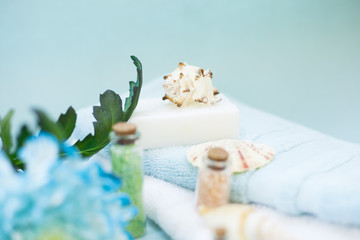Aromatherapy spa concept with essential oil in blue glass bottle, sea salt, soap bar, towel, flowers and sea shells on blue background, instagram