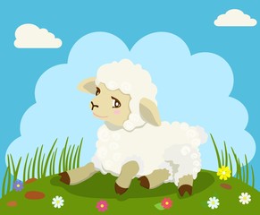 Obraz na płótnie Canvas Small lamb on green grass. Vector illustration