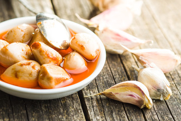 Tasty preserved garlic.