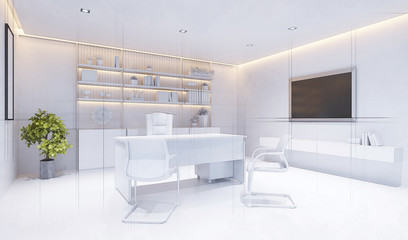 3d technical drawing style,  White modern interior of boss office 3D illustration