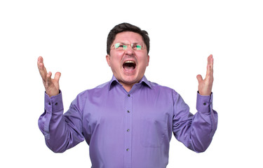 Fototapeta premium Middle aged man in glasses raised his hands upwards in delight.