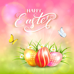 Pink nature sunny background with Easter eggs