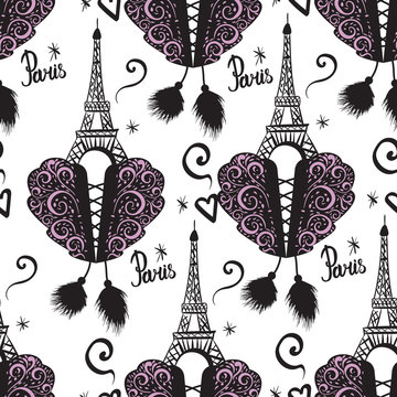 Corset lacing and black ink Eiffel Tower. Paris and corsets. Vector Seamless pattern isolated on white background.