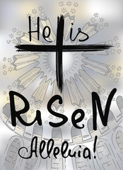 A stylized illustration of the dome in Church of the Holy Sepulcher. .He is risen. Alleluia.  Bible lettering.   Words about God.  The symbol of the Christian religion.   Vector design
