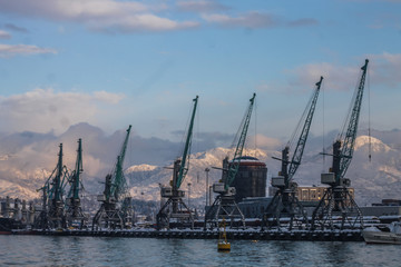 Fototapeta na wymiar cranes in winter port