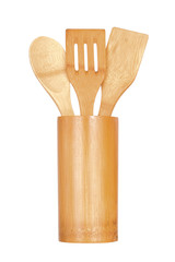Wooden kitchen utensils isolated on white background.