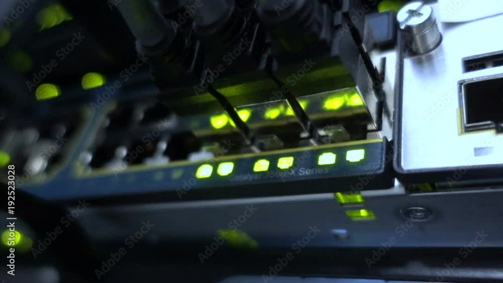Poster working ethernet switch in data center room, connecting computers together. working ethernet server.