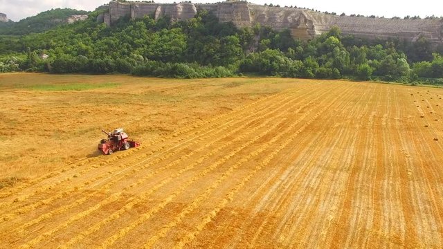 flight over Combine harvester on the field. bird's-eye view.