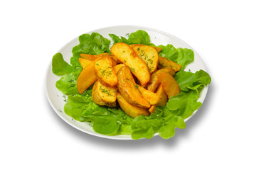 Potato wedges with lettuce on a plate on a white background