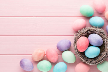 Pastel Easter eggs background. Spring greating card.