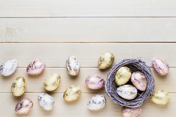 Spring easter tulips in bucket on white vintage background.