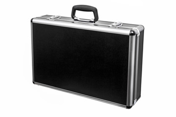 Black padded aluminum briefcase case with metal corners isolated on white
